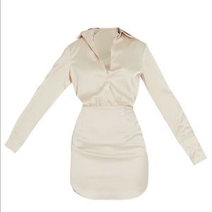 Champagne Satin Fitted Skirt Shirt Dress